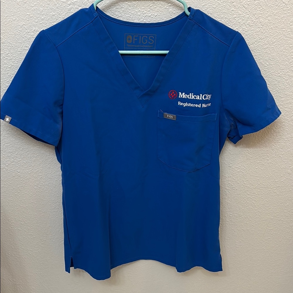 Figs Royal Blue Scrub Top with Medical City embroidery
